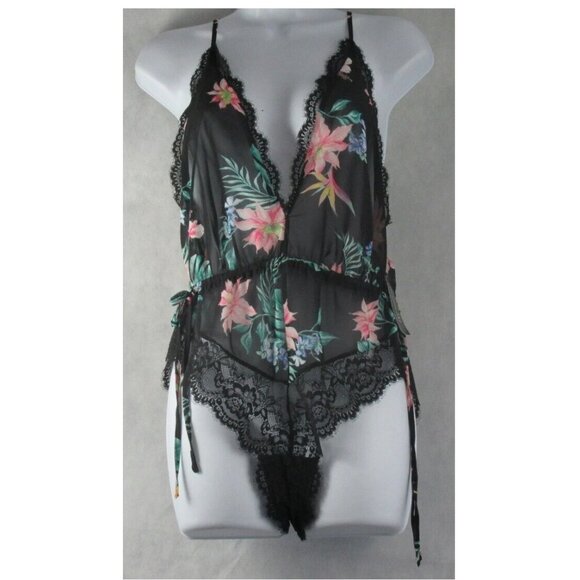 INC International Concepts Tops - INC Women's Lace Chiffon Sexy Floral Lingerie Bodysuit, Black Multi, Medium
